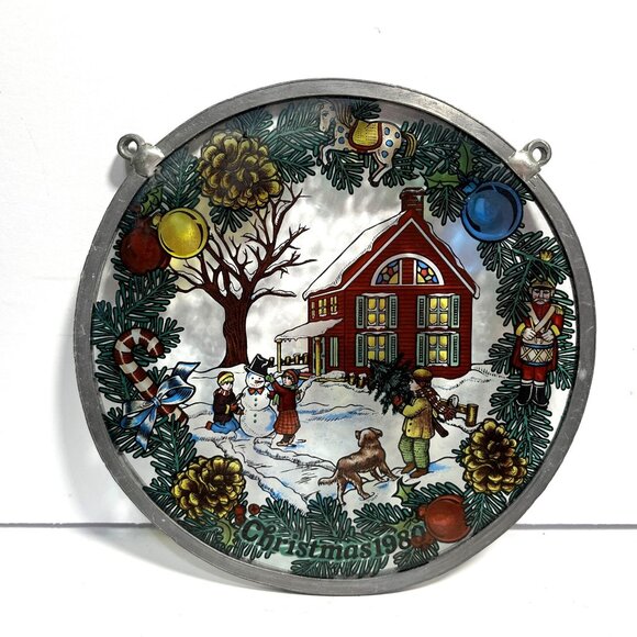 Vintage Glassmasters Christmas 1980 Stained Glass Winter Scene - Picture 1 of 7